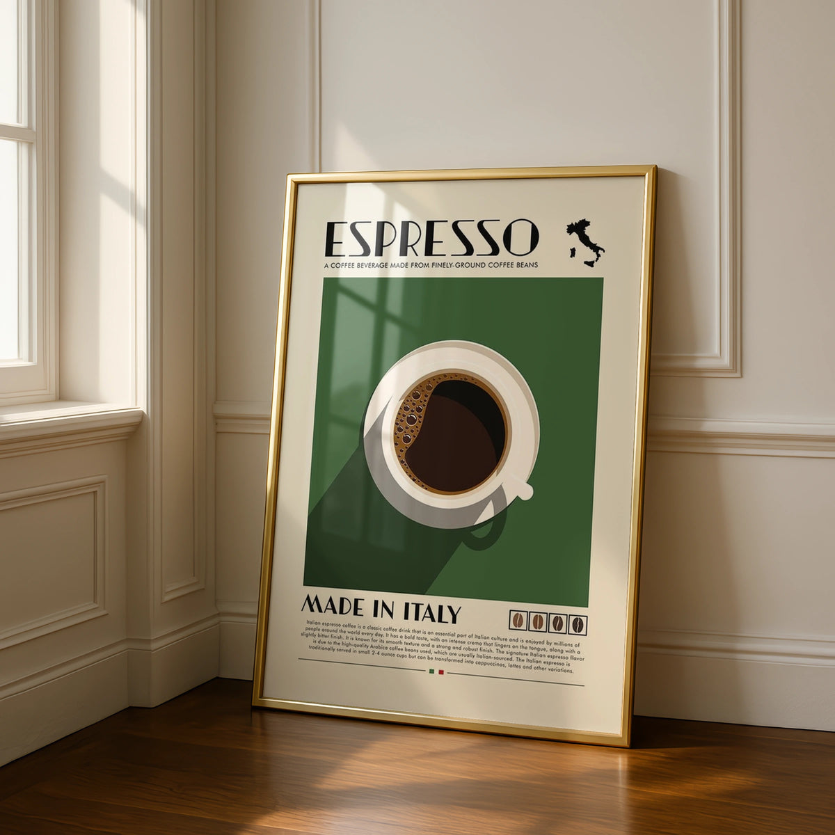 Italian Espresso Coffee Print, Retro Food Poster, Green Kitchen Wall Art Decor