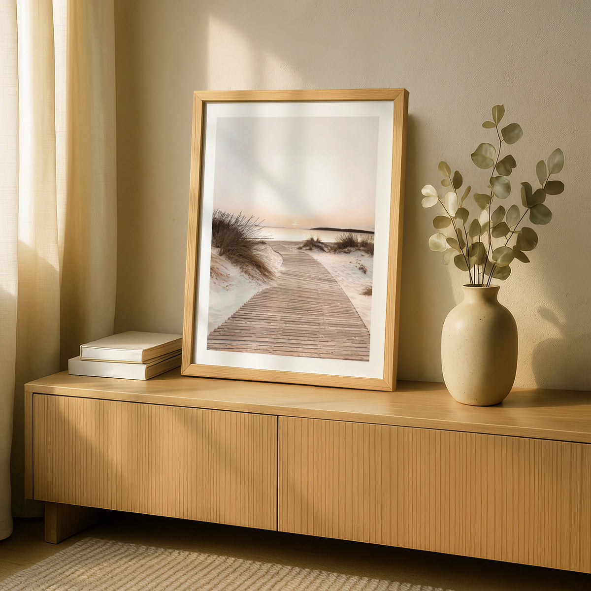 Beach Boardwalk Sunset Poster, Coastal Sand Dunes Wall Art, Neutral Seaside Print