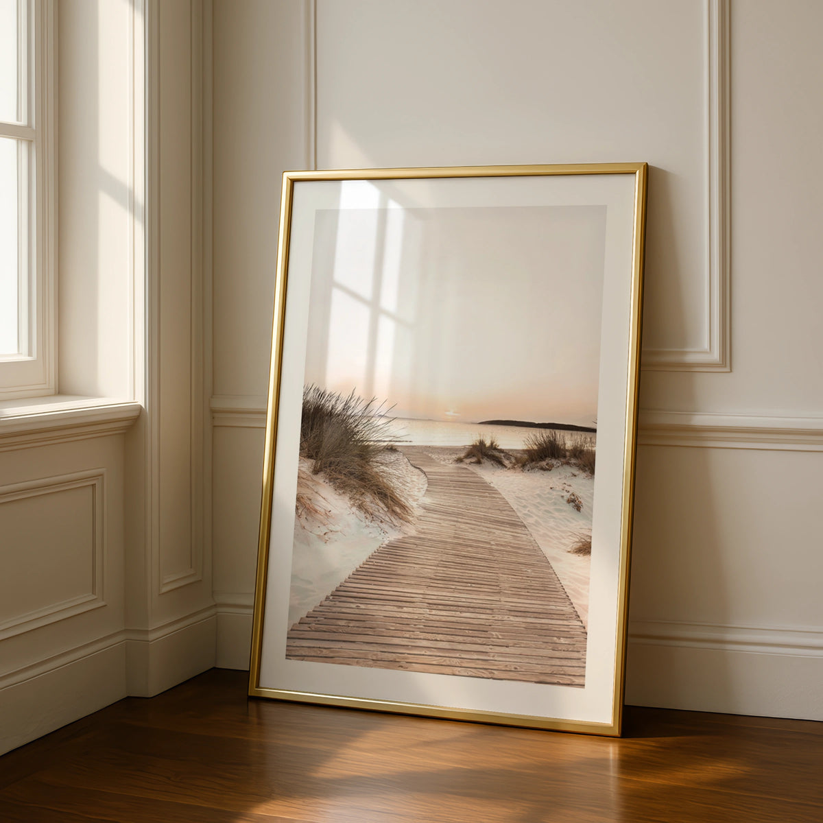 Beach Boardwalk Sunset Poster, Coastal Sand Dunes Wall Art, Neutral Seaside Print