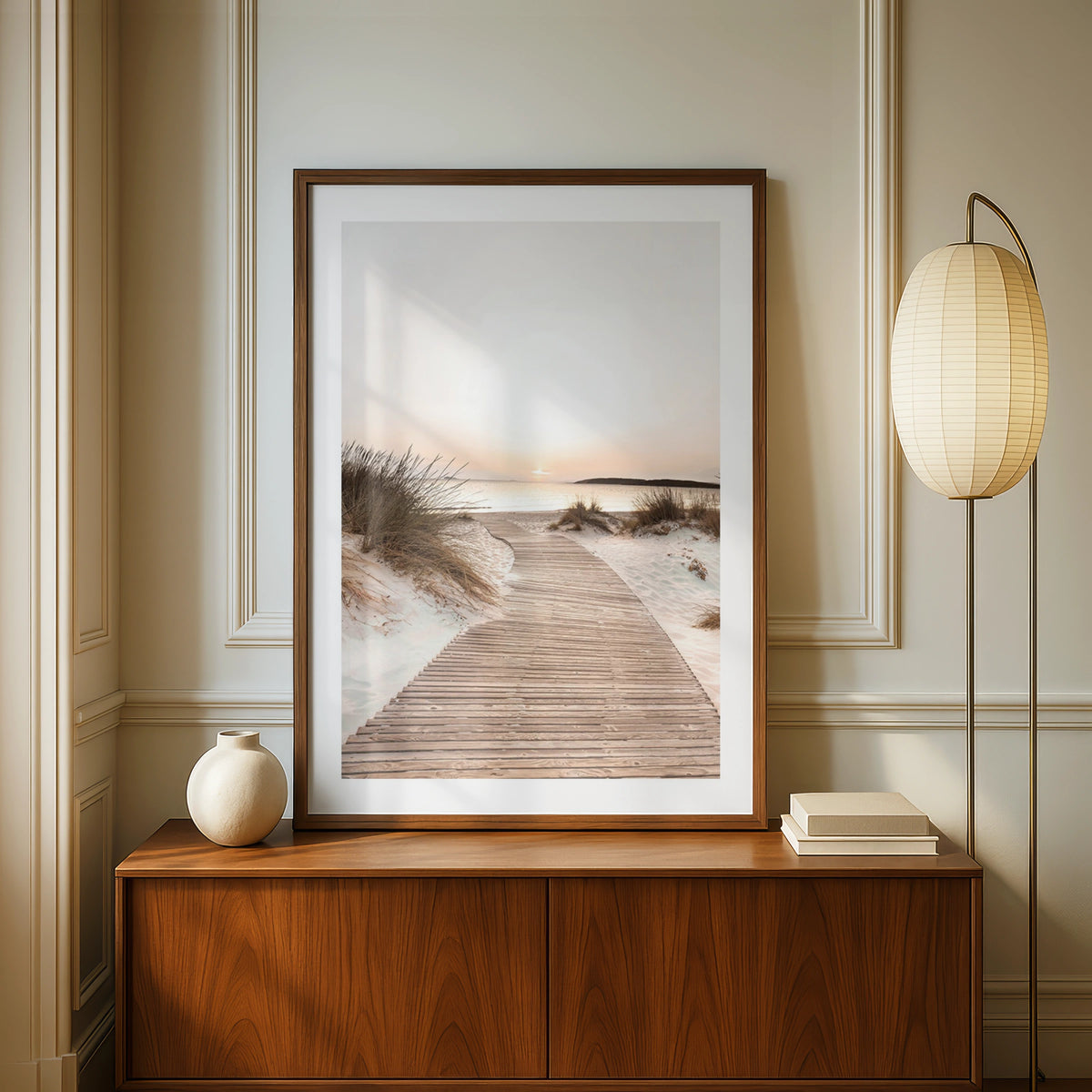 Beach Boardwalk Sunset Poster, Coastal Sand Dunes Wall Art, Neutral Seaside Print