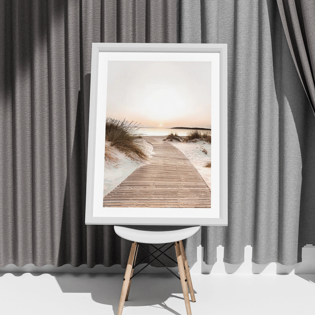 Beach Boardwalk Sunset Poster, Coastal Sand Dunes Wall Art, Neutral Seaside Print