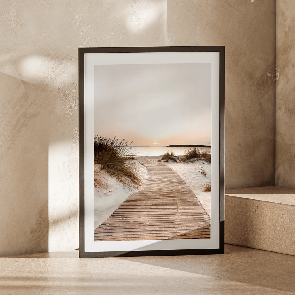 Beach Boardwalk Sunset Poster, Coastal Sand Dunes Wall Art, Neutral Seaside Print