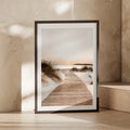 Beach Boardwalk Sunset Poster, Coastal Sand Dunes Wall Art, Neutral Seaside Print