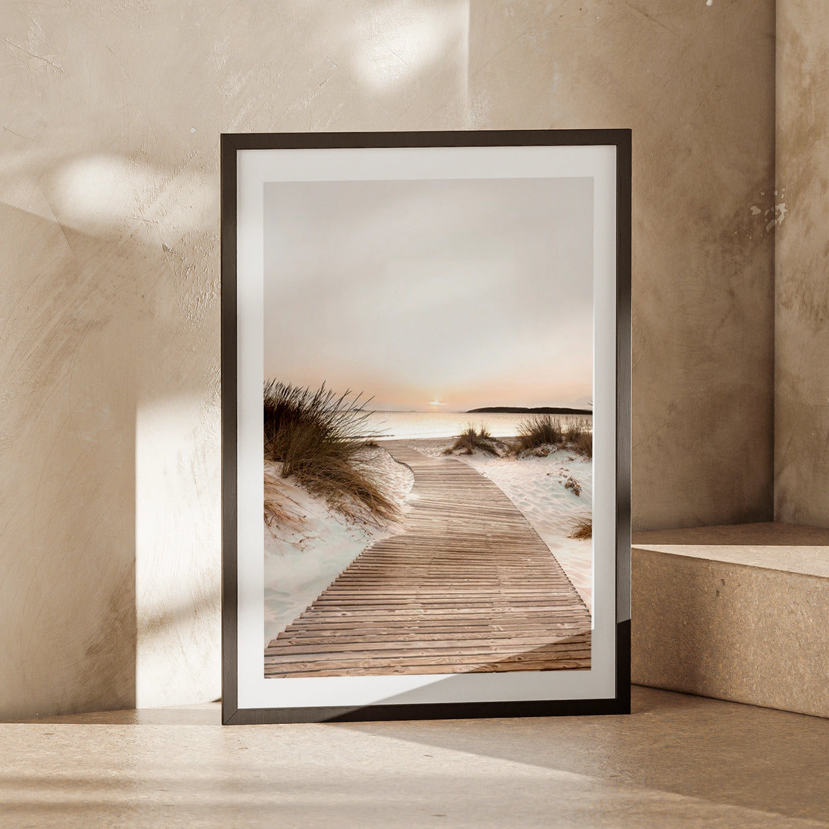 Beach Boardwalk Sunset Poster, Coastal Sand Dunes Wall Art, Neutral Seaside Print