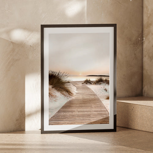 Beach Boardwalk Sunset Poster, Coastal Sand Dunes Wall Art, Neutral Seaside Print