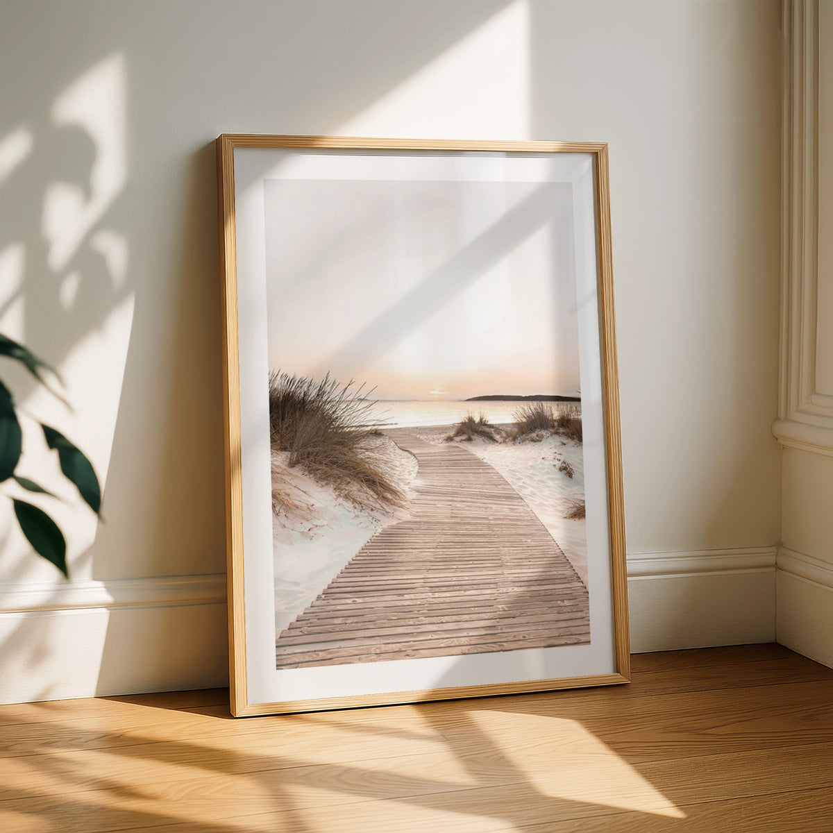 Beach Boardwalk Sunset Poster, Coastal Sand Dunes Wall Art, Neutral Seaside Print