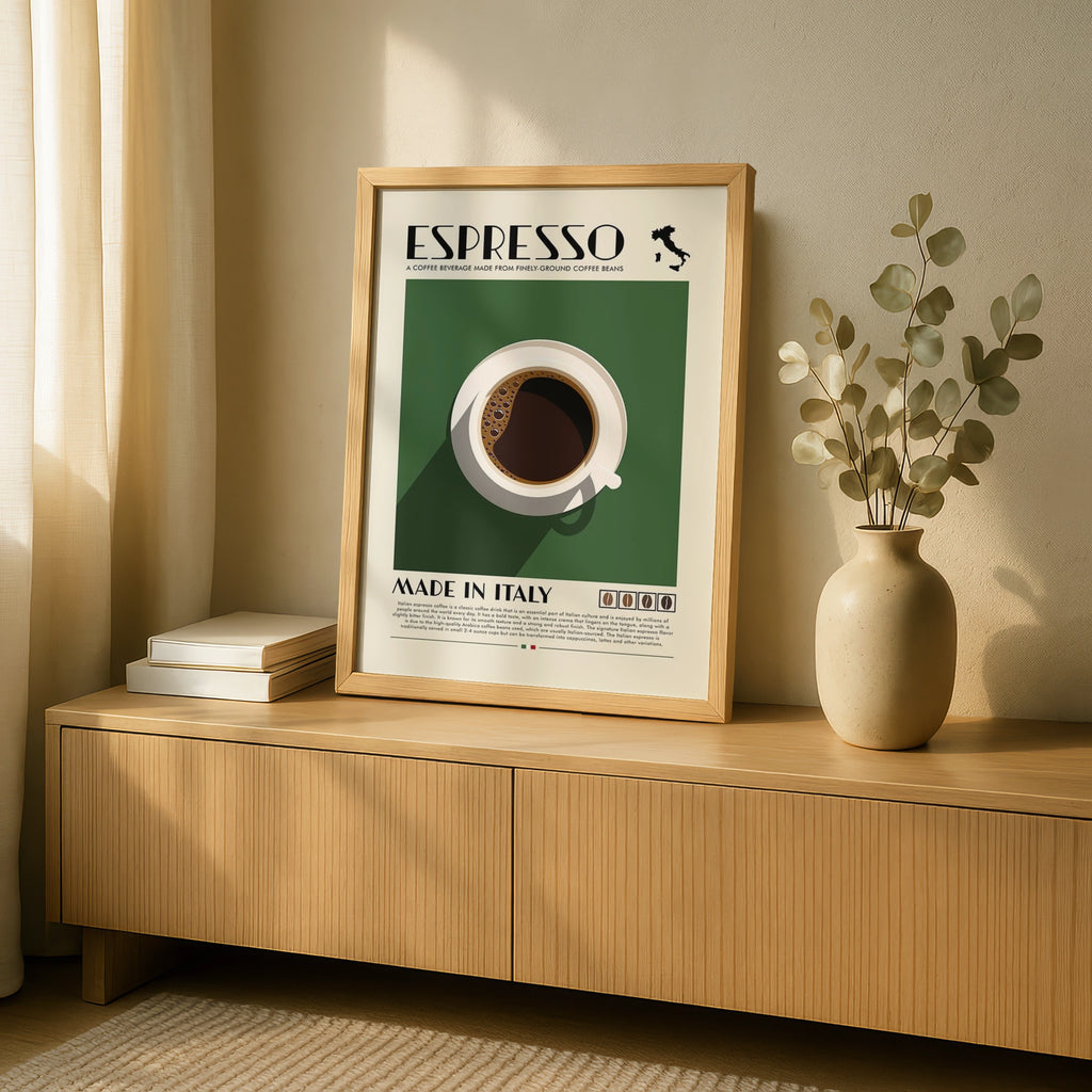 Italian Espresso Coffee Print, Retro Food Poster, Green Kitchen Wall Art Decor