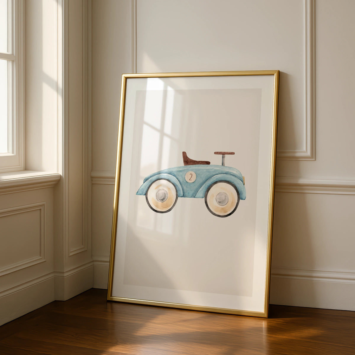 Blue Toy Car Print, Watercolour Nursery Wall Art, Boys Room Vintage Ride-On Poster