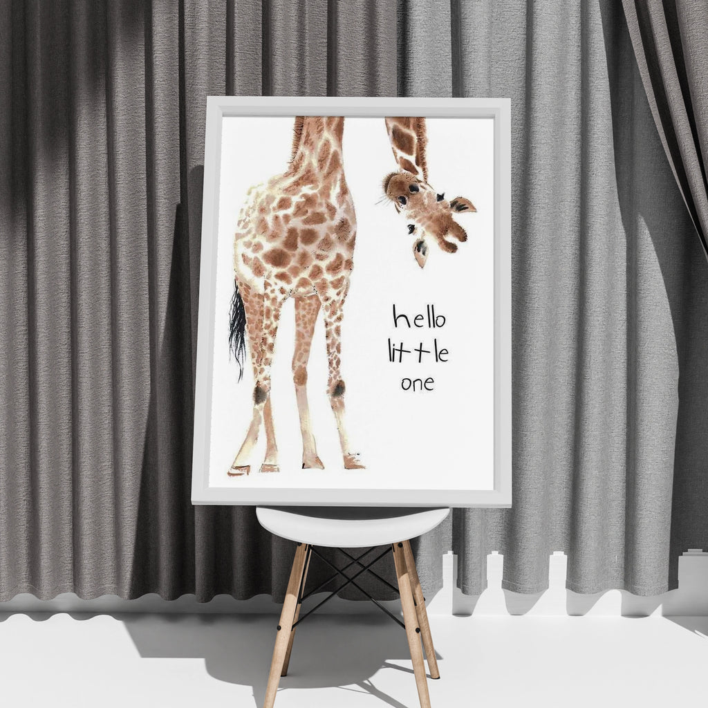 Giraffe Nursery Print, Hello Little One Baby Animal Poster, Safari Wall Art