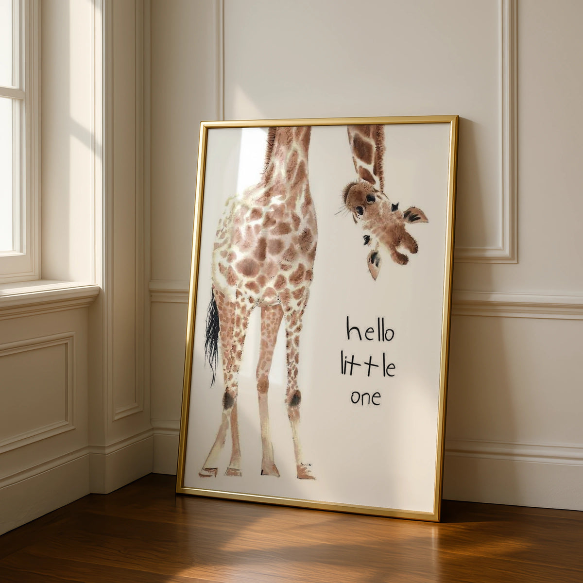 Giraffe Nursery Print, Hello Little One Baby Animal Poster, Safari Wall Art
