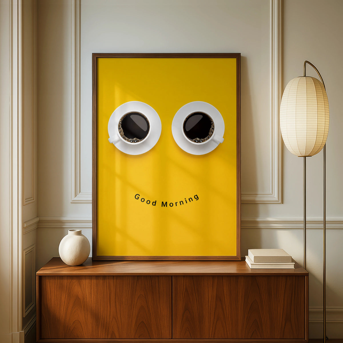 Good Morning Coffee Poster, Funny Smiley Face Cup Print, Yellow Kitchen Wall Art
