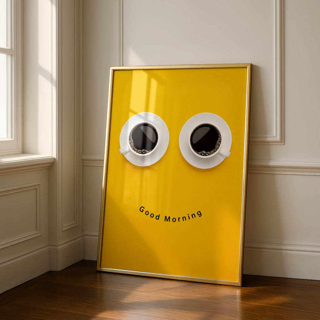 Good Morning Coffee Poster, Funny Smiley Face Cup Print, Yellow Kitchen Wall Art