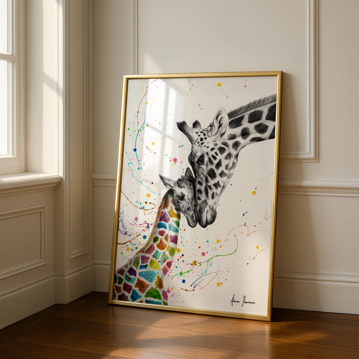 Giraffe Mother Baby Poster, Colourful Wildlife Wall Art, Animal Print, Nursery Decor