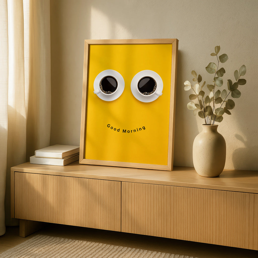 Good Morning Coffee Poster, Funny Smiley Face Cup Print, Yellow Kitchen Wall Art