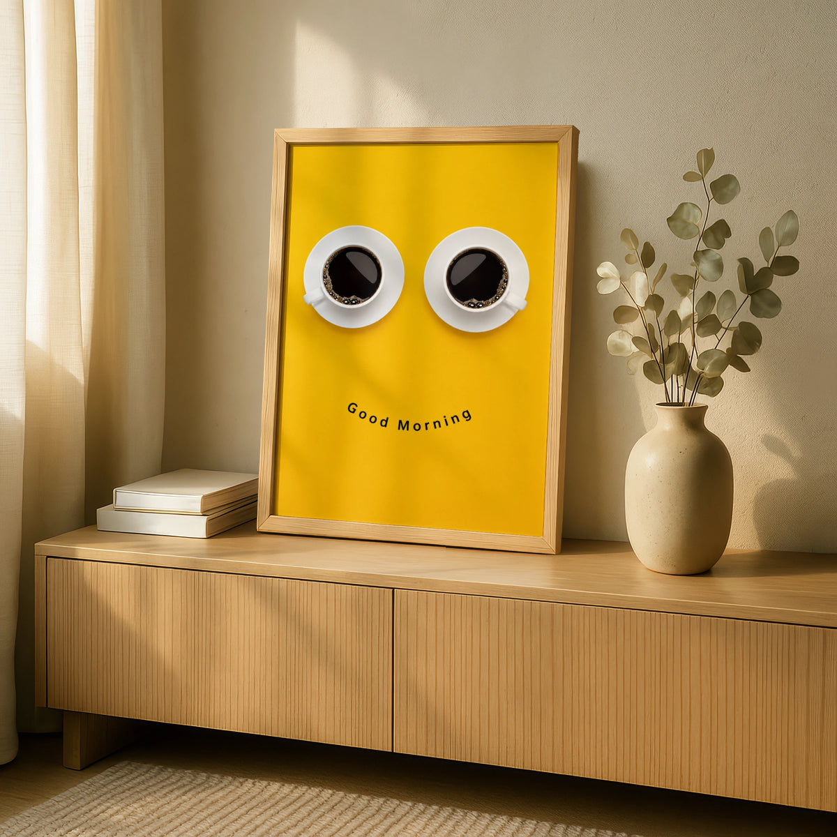 Good Morning Coffee Poster, Funny Smiley Face Cup Print, Yellow Kitchen Wall Art