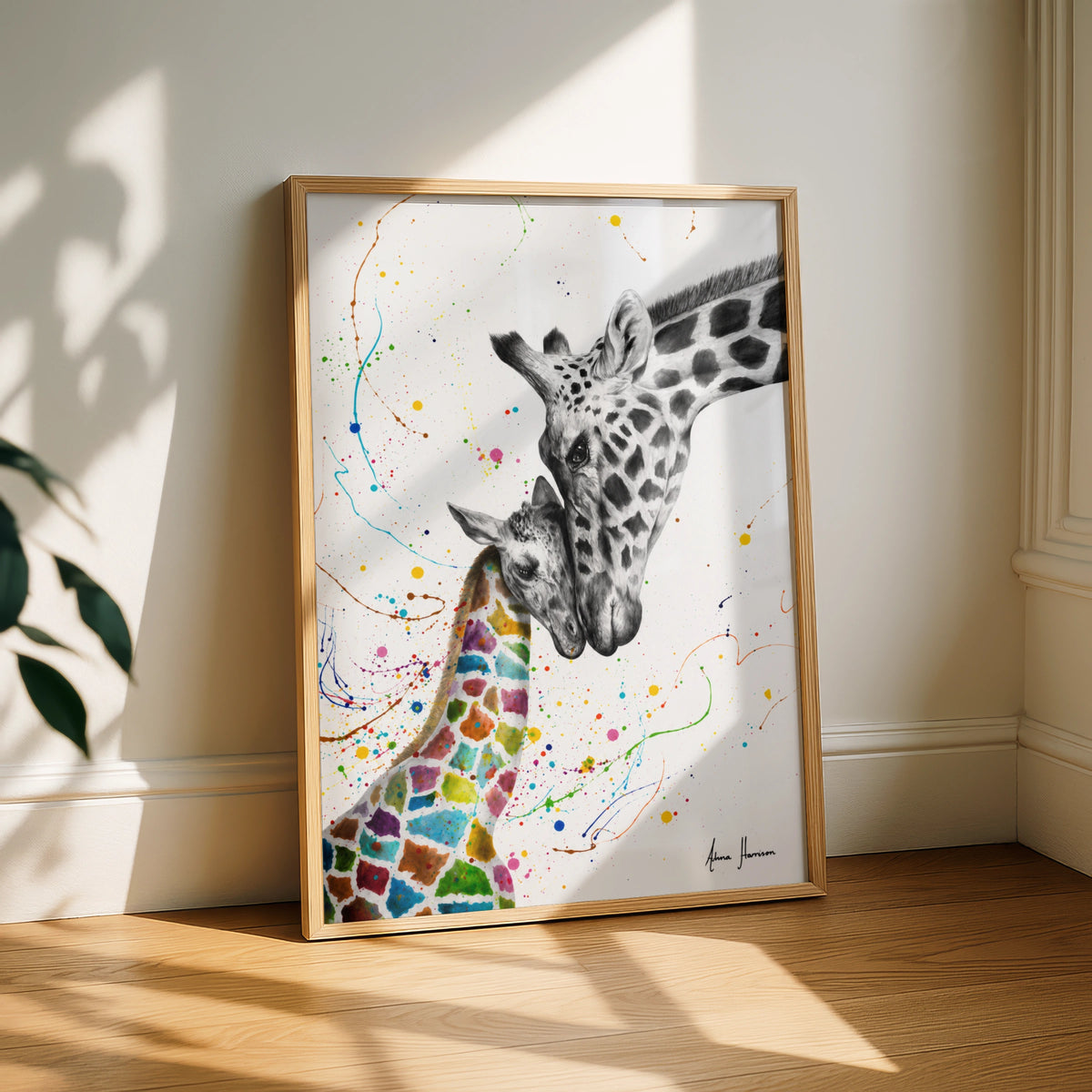 Giraffe Mother Baby Poster, Colourful Wildlife Wall Art, Animal Print, Nursery Decor