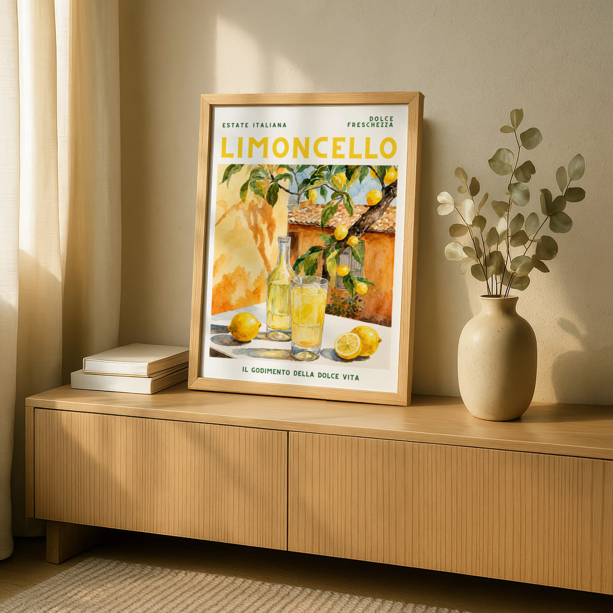 Limoncello Italian Summer Poster, Lemon Wall Art, Watercolour Italy Print, Kitchen Decor