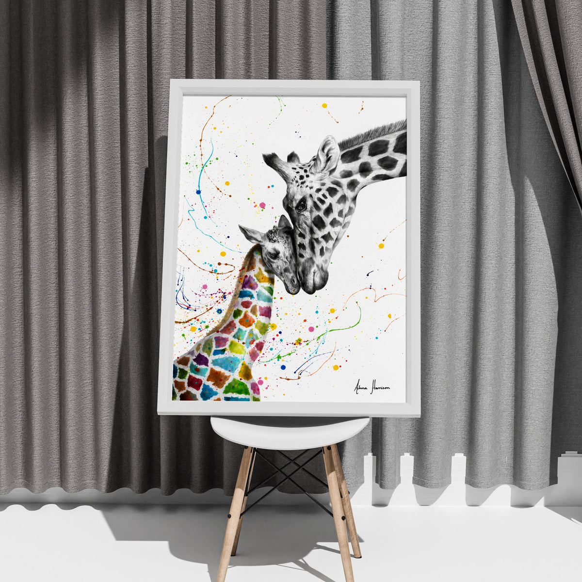 Giraffe Mother Baby Poster, Colourful Wildlife Wall Art, Animal Print, Nursery Decor