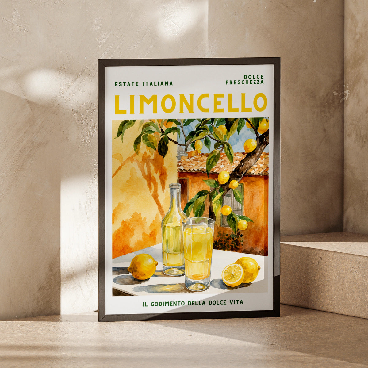 Limoncello Italian Summer Poster, Lemon Wall Art, Watercolour Italy Print, Kitchen Decor