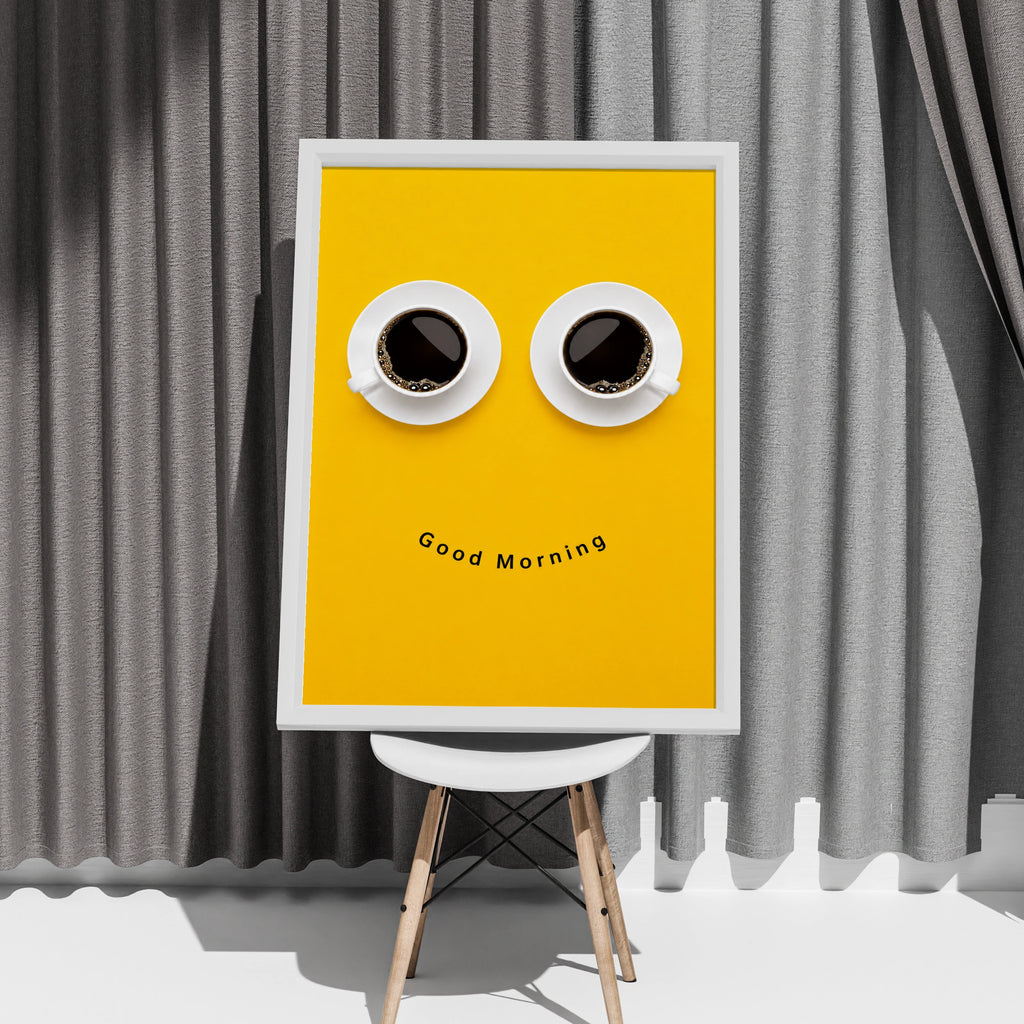 Good Morning Coffee Poster, Funny Smiley Face Cup Print, Yellow Kitchen Wall Art