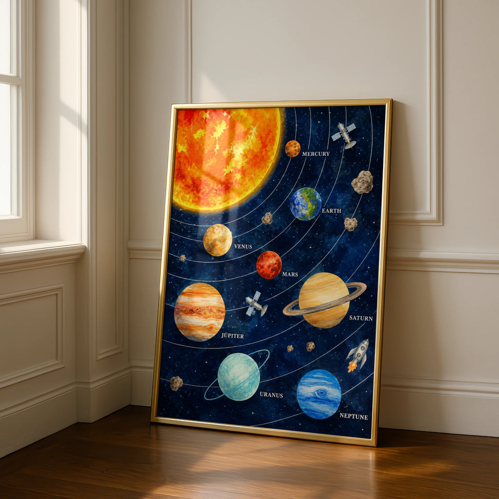 Solar System Poster, Watercolour Planets Wall Art, Space Print, Kids Room Decor