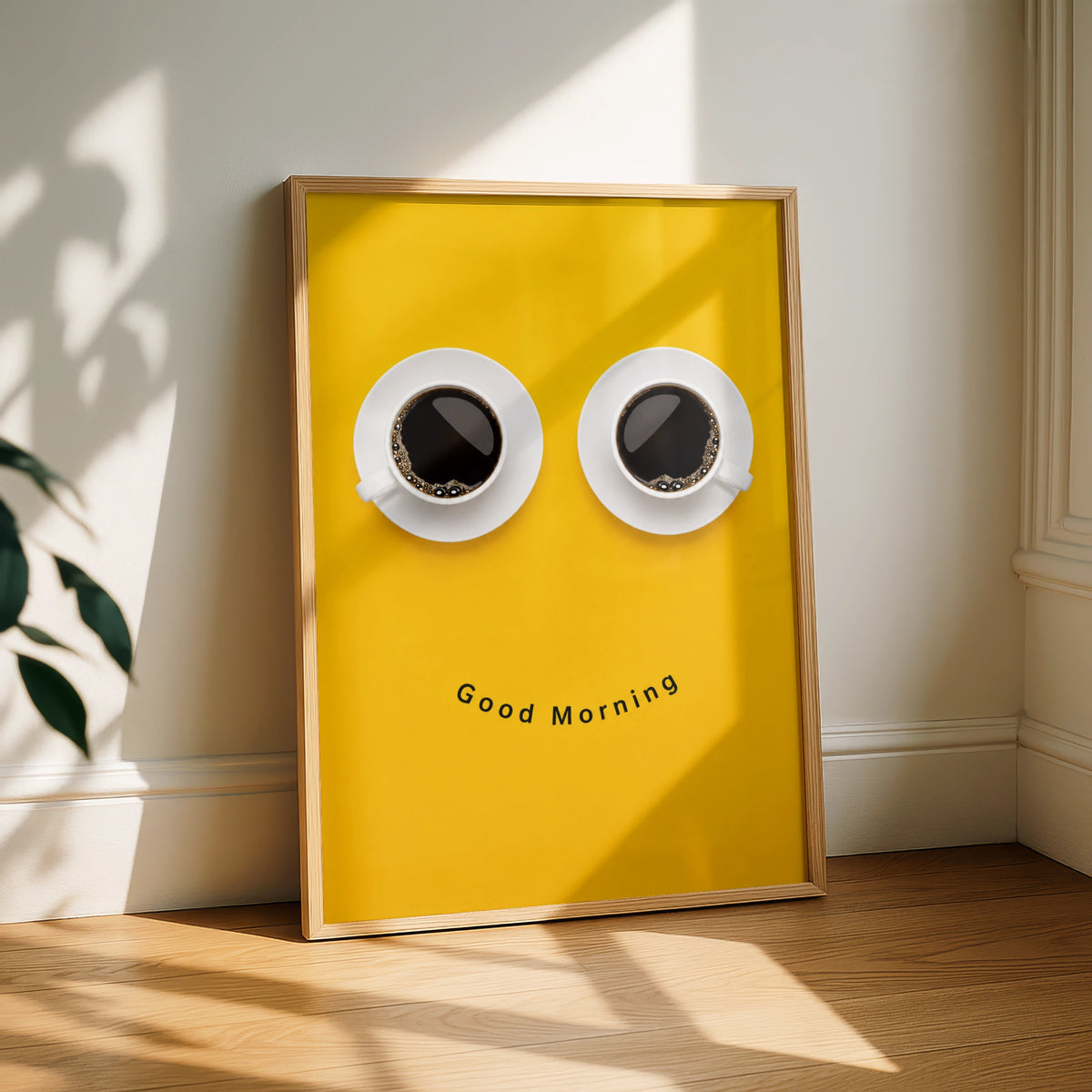 Good Morning Coffee Poster, Funny Smiley Face Cup Print, Yellow Kitchen Wall Art