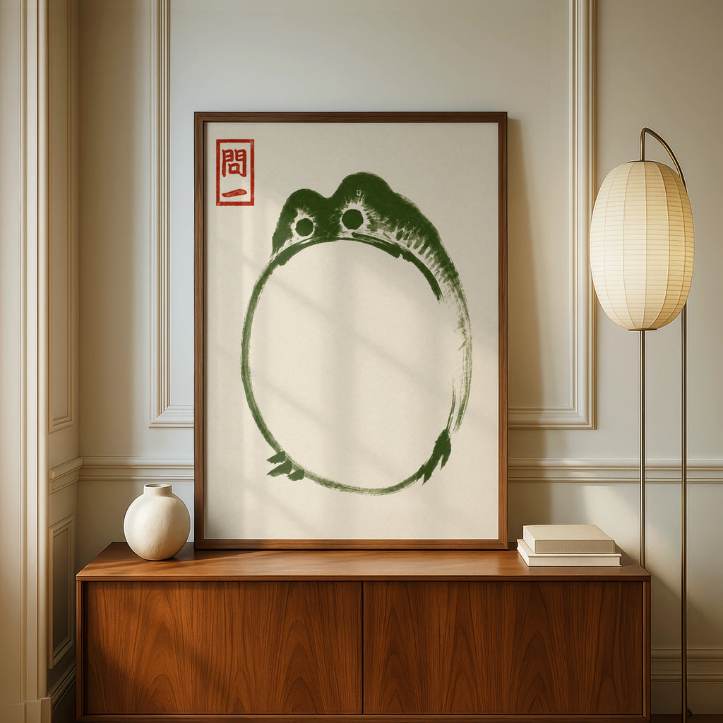 Japanese Ink Frog Poster, Zen Brush Art Print, Minimalist Green Wall Art