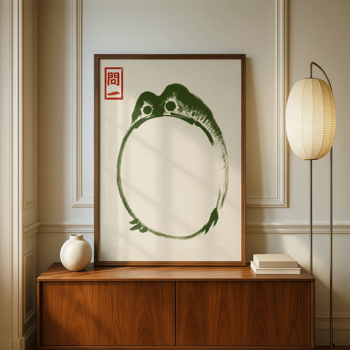Japanese Ink Frog Poster, Zen Brush Art Print, Minimalist Green Wall Art