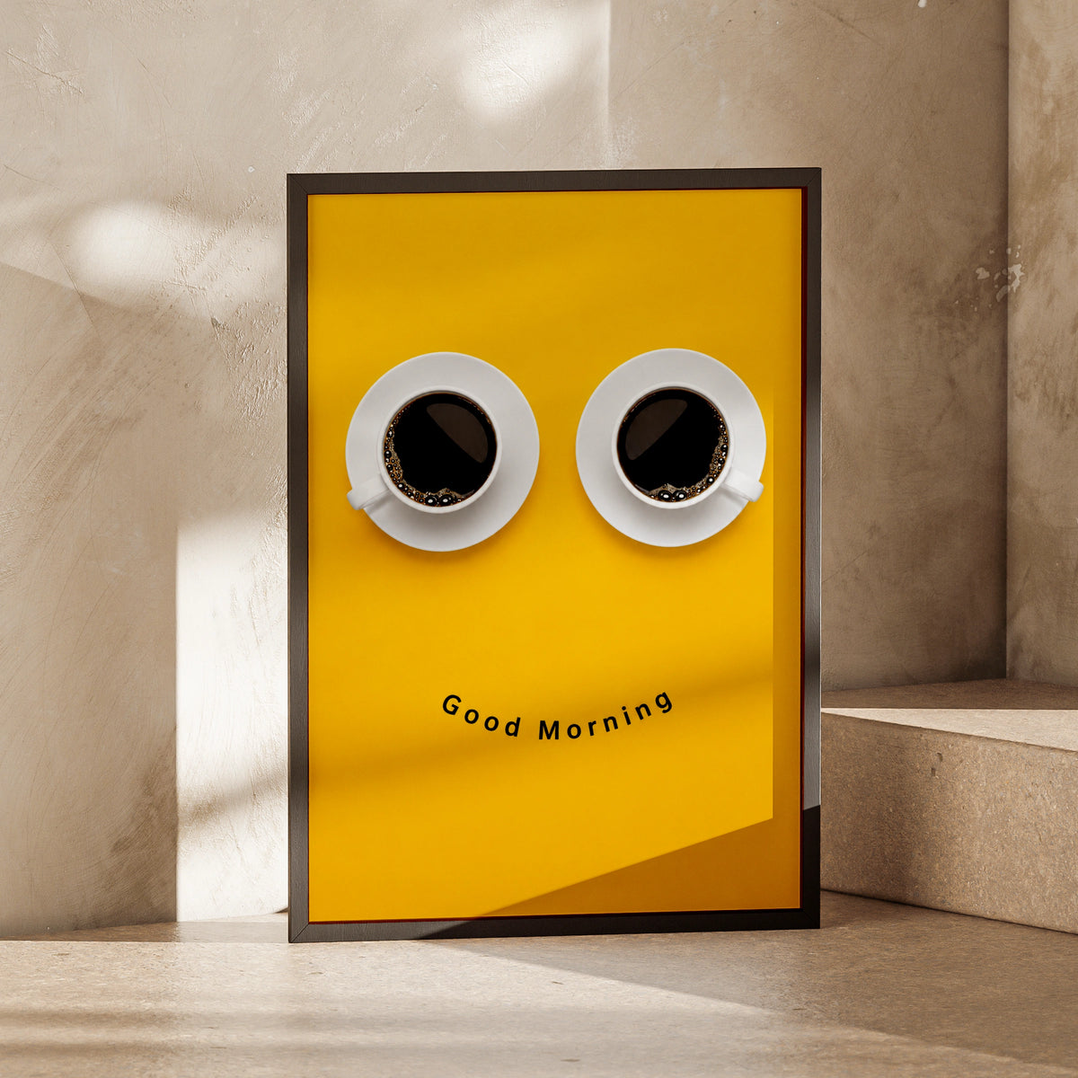 Good Morning Coffee Poster, Funny Smiley Face Cup Print, Yellow Kitchen Wall Art