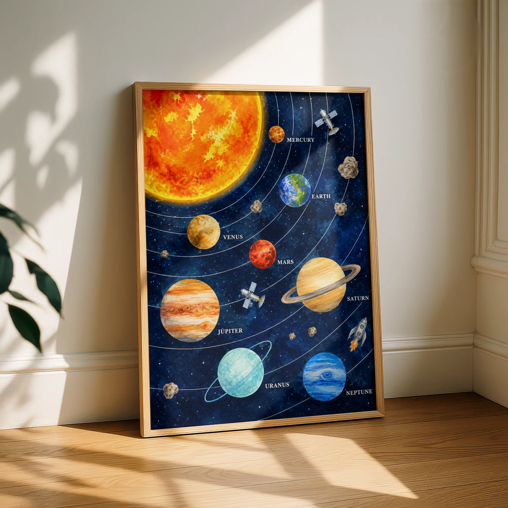 Solar System Poster, Watercolour Planets Wall Art, Space Print, Kids Room Decor