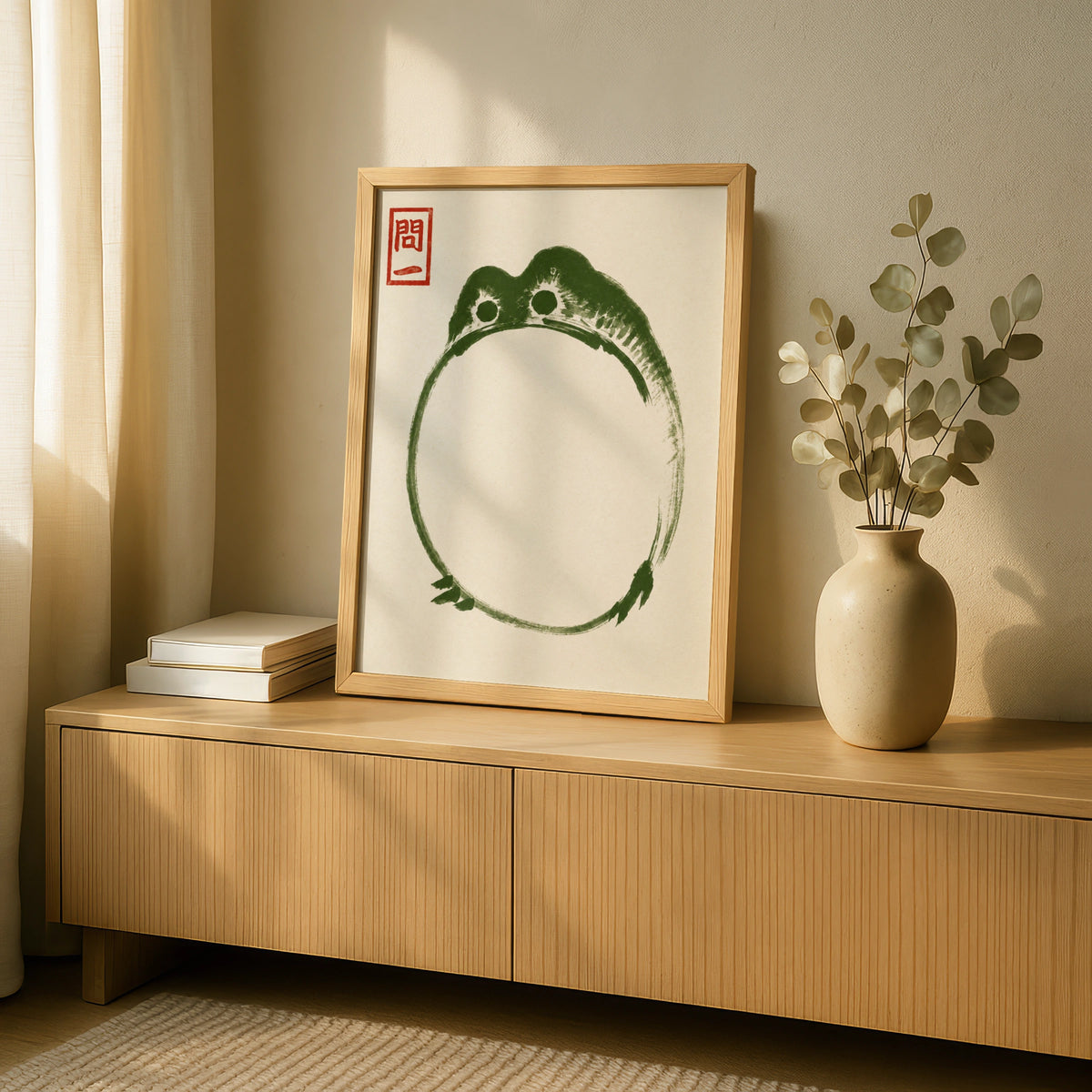 Japanese Ink Frog Poster, Zen Brush Art Print, Minimalist Green Wall Art