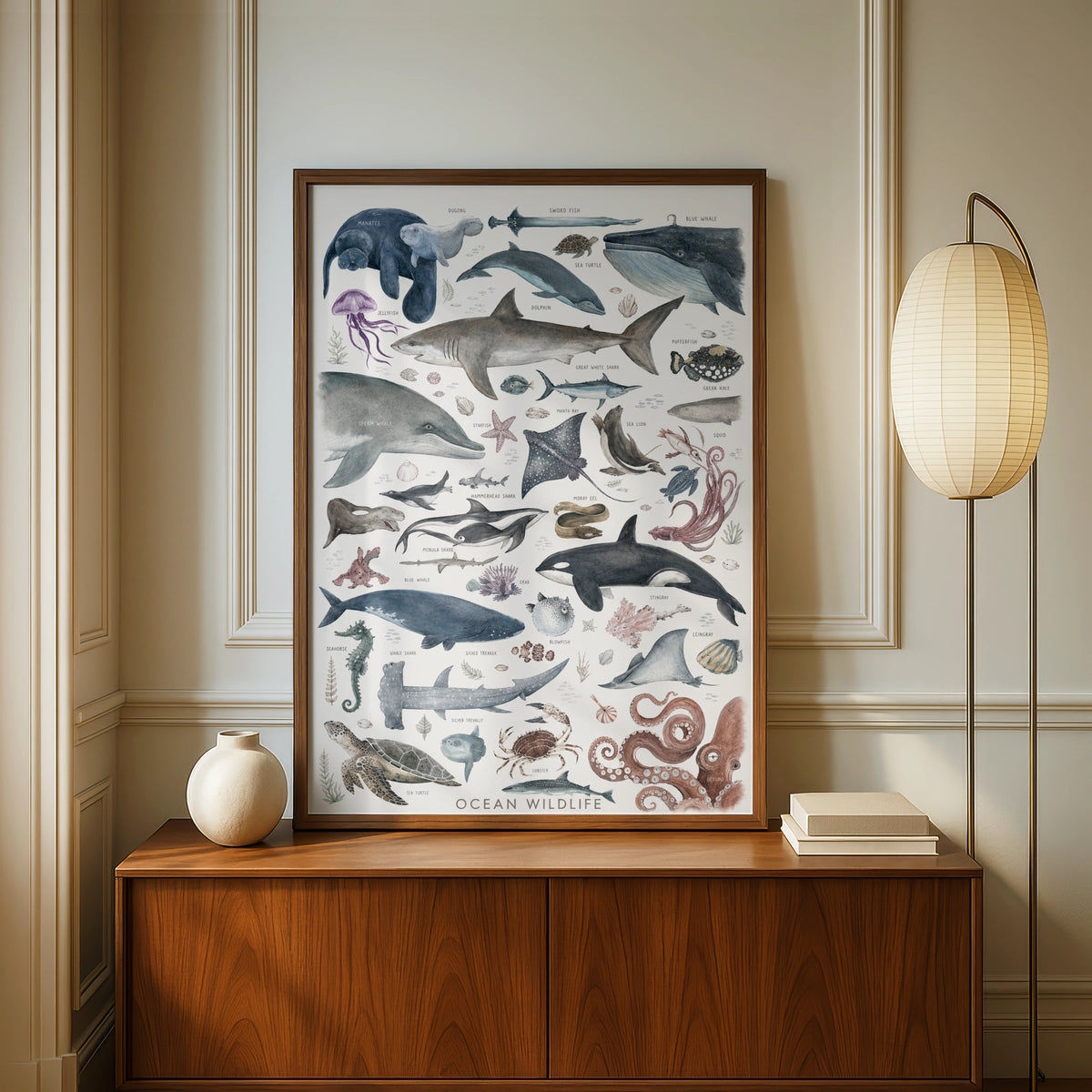 Ocean Wildlife Poster, Sea Life Wall Art, Watercolour Marine Animals Print, Kids Room Decor