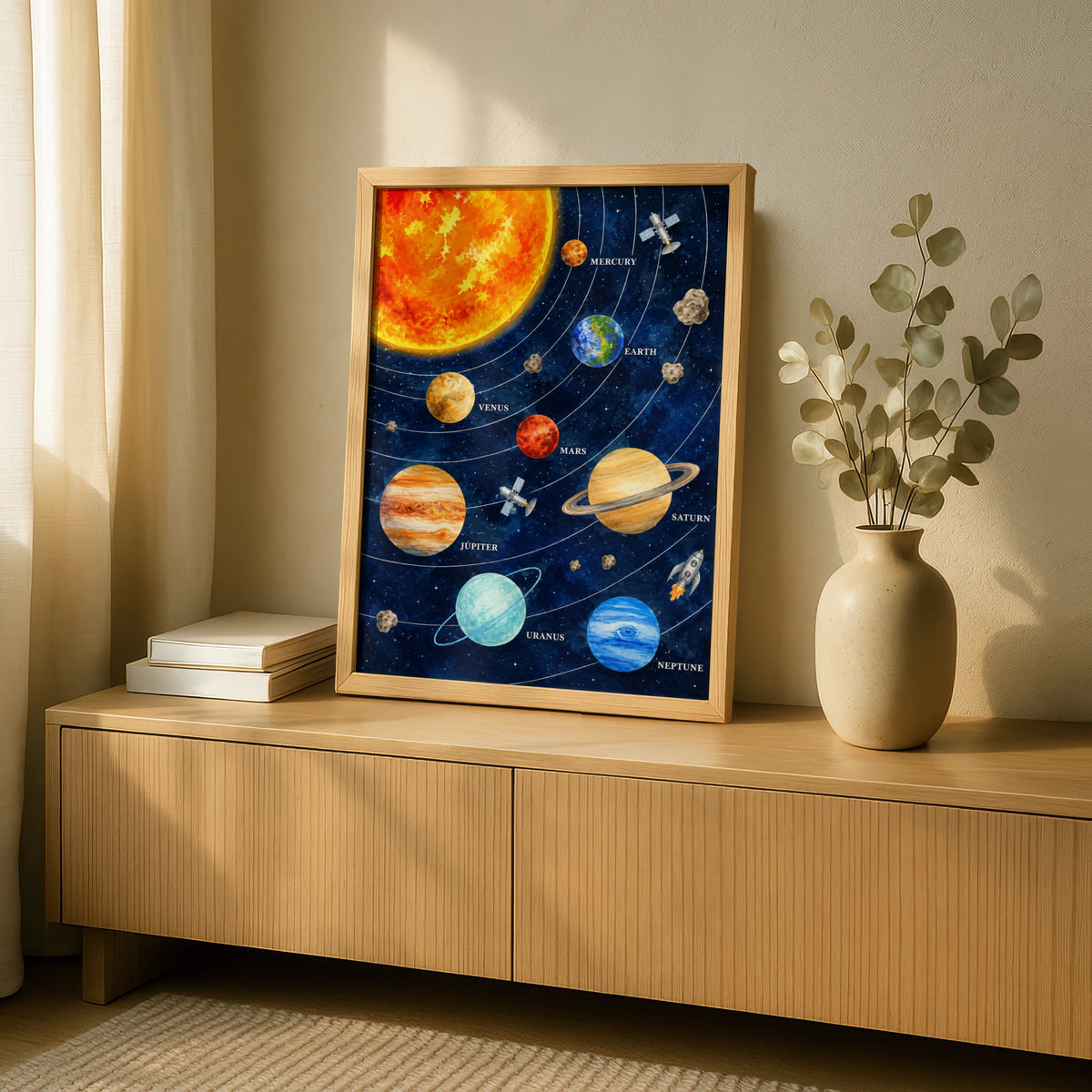 Solar System Poster, Watercolour Planets Wall Art, Space Print, Kids Room Decor