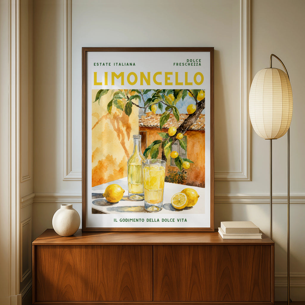 Limoncello Italian Summer Poster, Lemon Wall Art, Watercolour Italy Print, Kitchen Decor