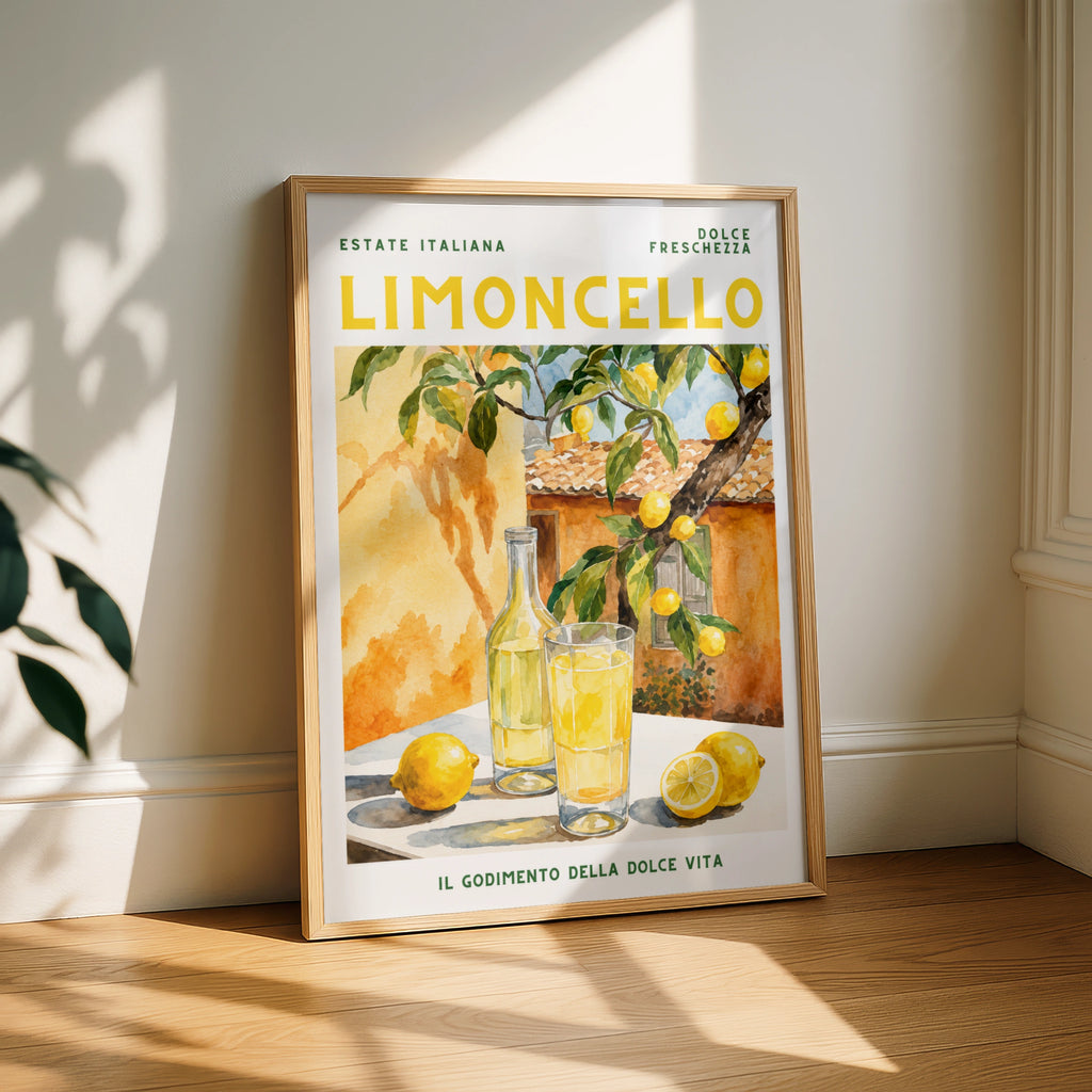 Limoncello Italian Summer Poster, Lemon Wall Art, Watercolour Italy Print, Kitchen Decor