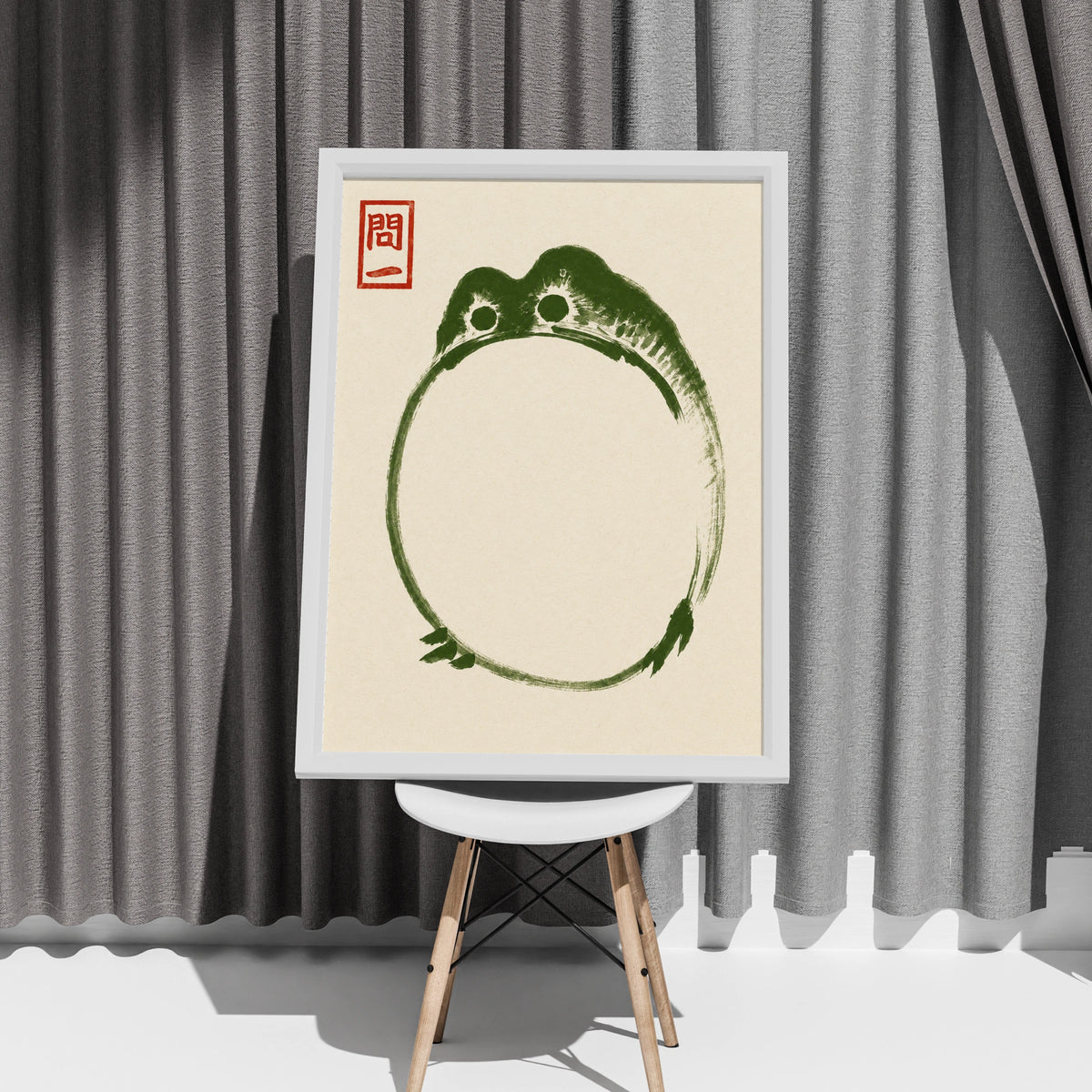 Japanese Ink Frog Poster, Zen Brush Art Print, Minimalist Green Wall Art
