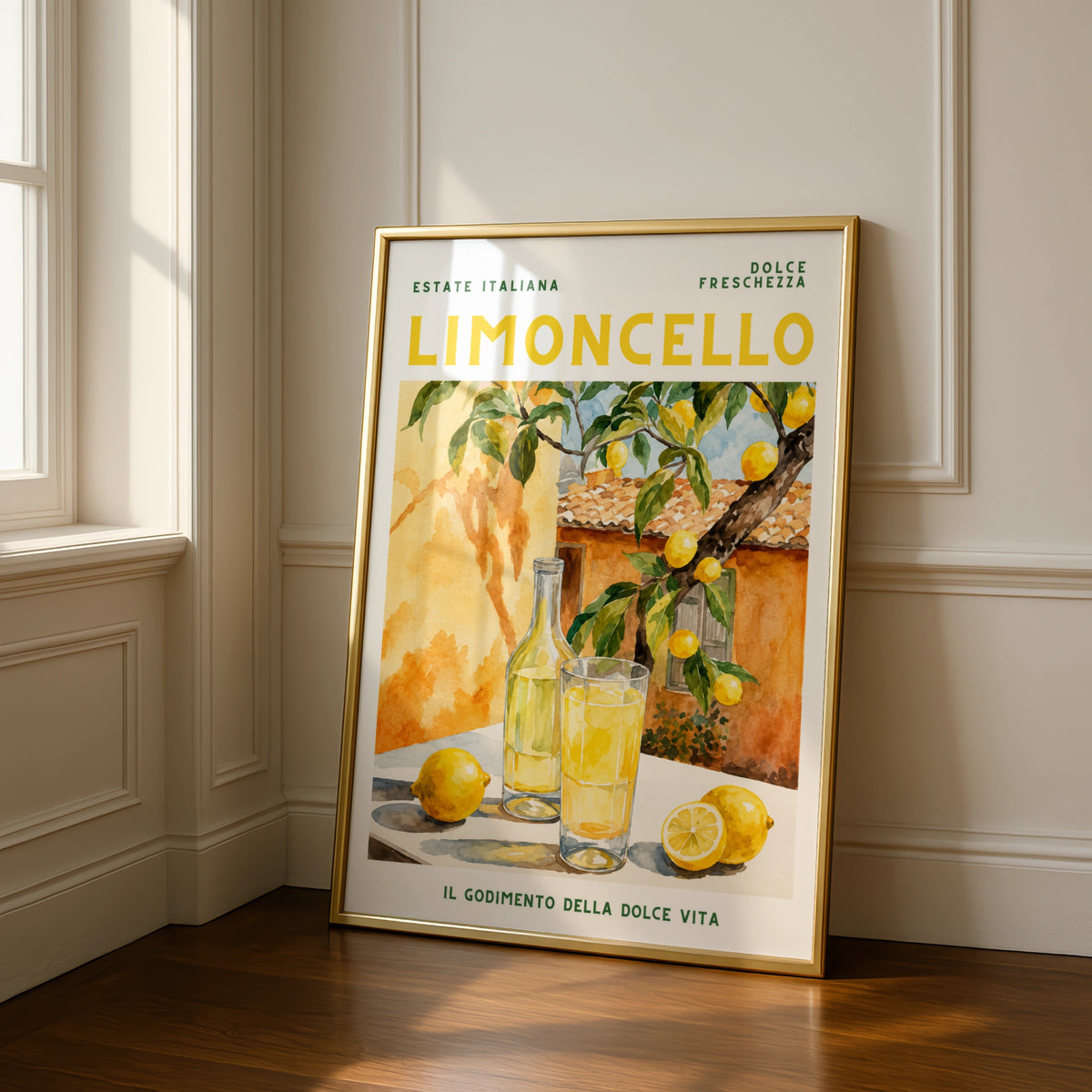 Limoncello Italian Summer Poster, Lemon Wall Art, Watercolour Italy Print, Kitchen Decor