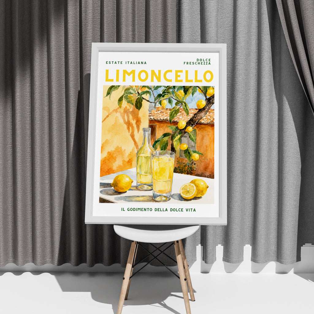 Limoncello Italian Summer Poster, Lemon Wall Art, Watercolour Italy Print, Kitchen Decor
