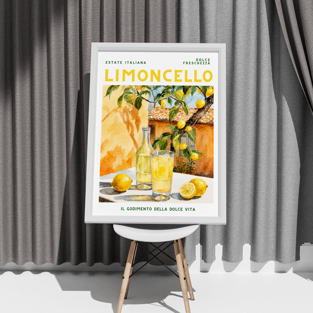 Limoncello Italian Summer Poster, Lemon Wall Art, Watercolour Italy Print, Kitchen Decor