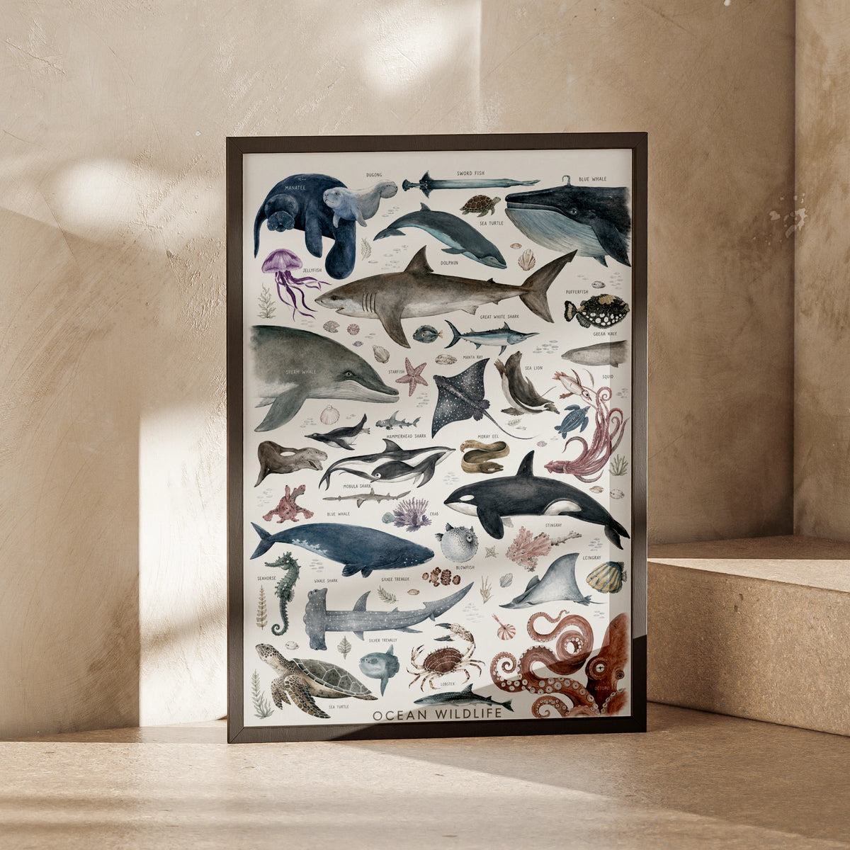 Ocean Wildlife Poster, Sea Life Wall Art, Watercolour Marine Animals Print, Kids Room Decor