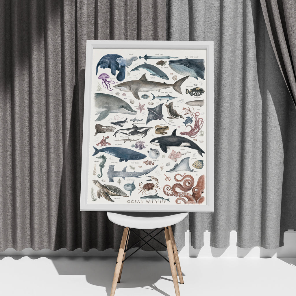 Ocean Wildlife Poster, Sea Life Wall Art, Watercolour Marine Animals Print, Kids Room Decor