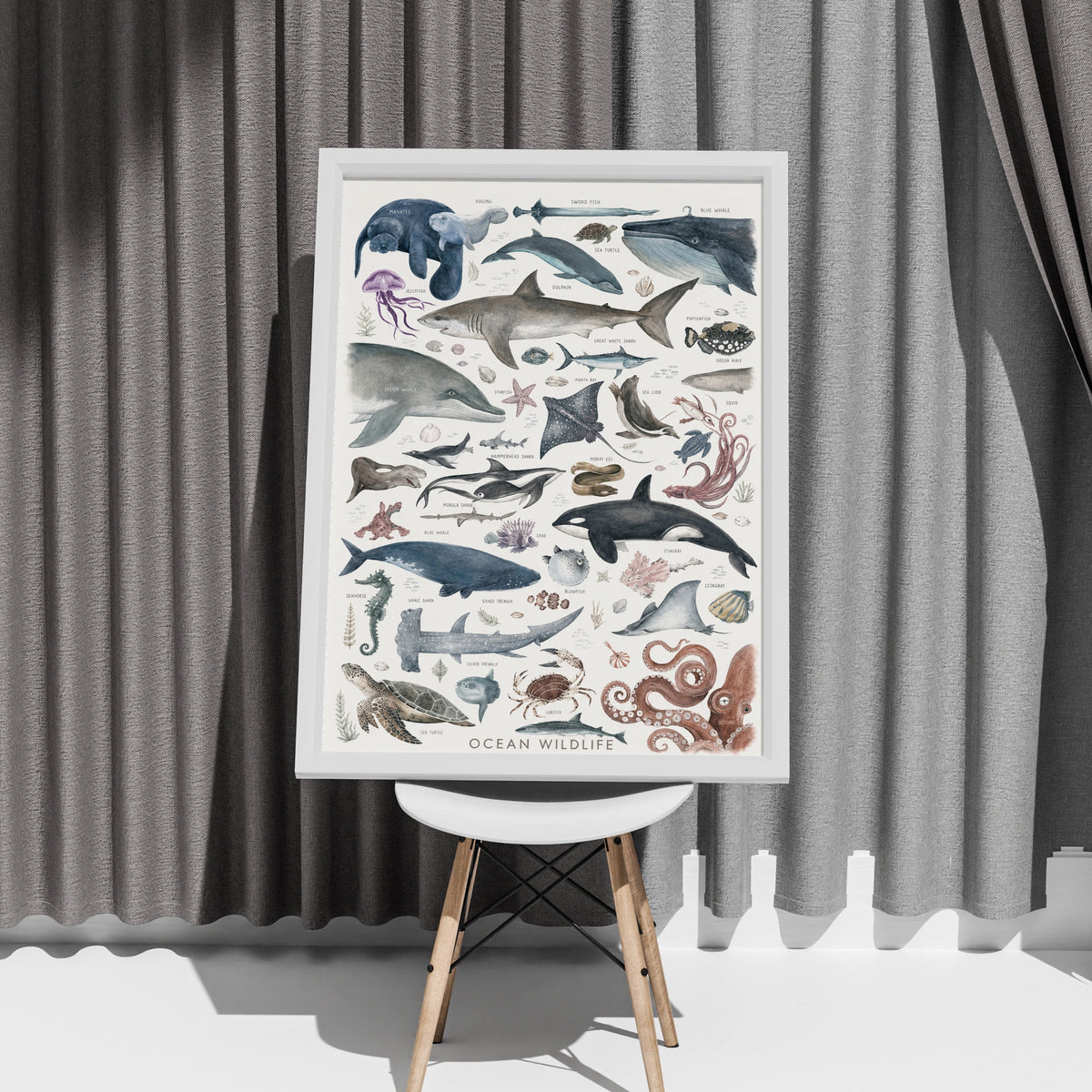 Ocean Wildlife Poster, Sea Life Wall Art, Watercolour Marine Animals Print, Kids Room Decor