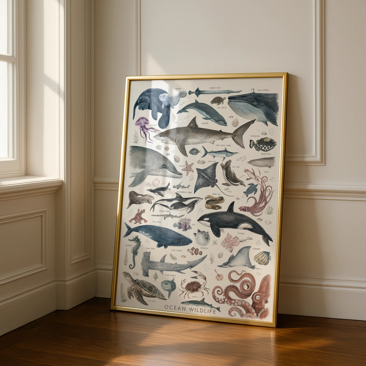 Ocean Wildlife Poster, Sea Life Wall Art, Watercolour Marine Animals Print, Kids Room Decor