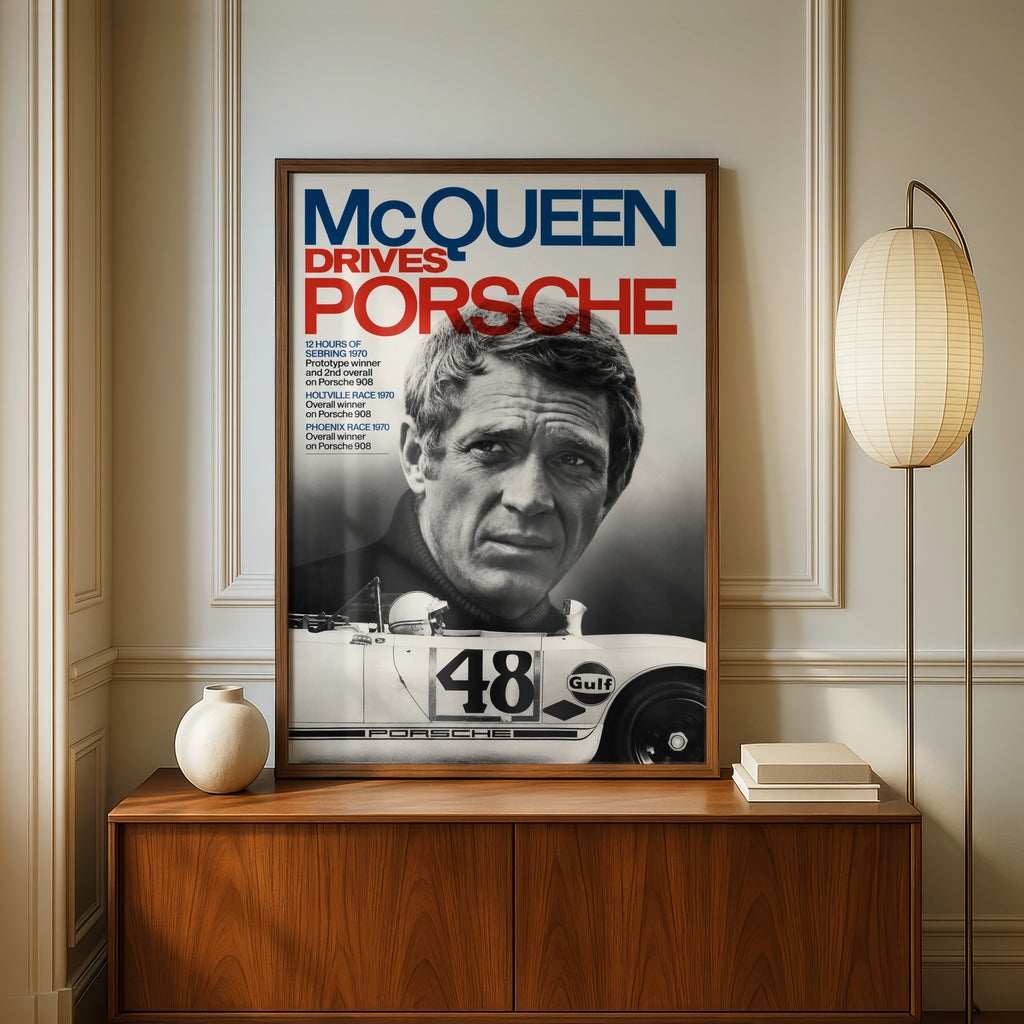 McQueen Drives Porsche Racing Poster, Steve McQueen Wall Art, Gulf 908 Print