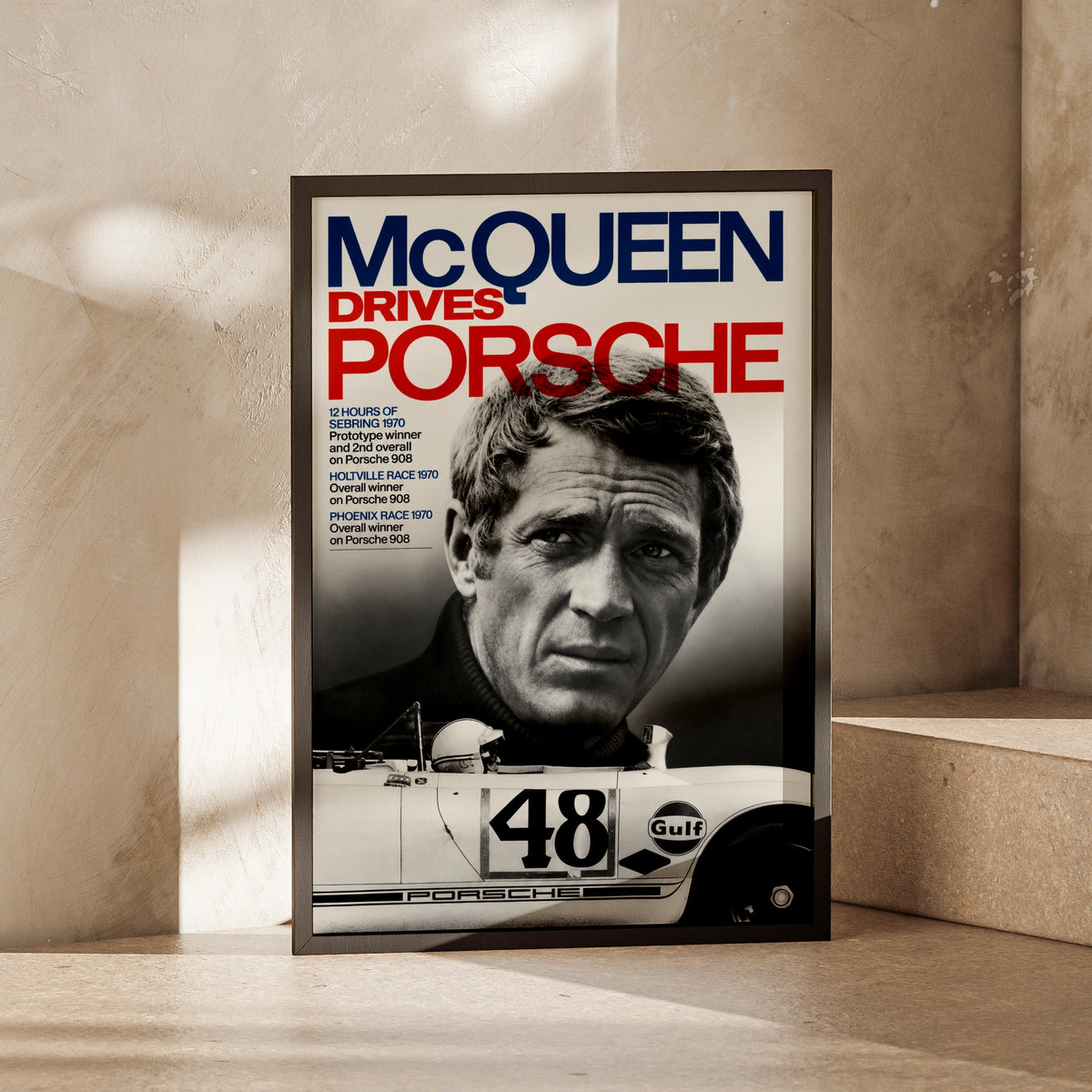 McQueen Drives Porsche Racing Poster, Steve McQueen Wall Art, Gulf 908 Print