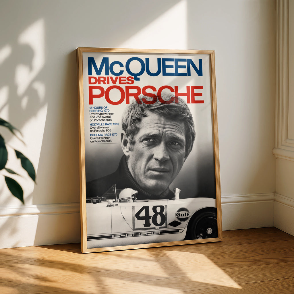 McQueen Drives Porsche Racing Poster, Steve McQueen Wall Art, Gulf 908 Print
