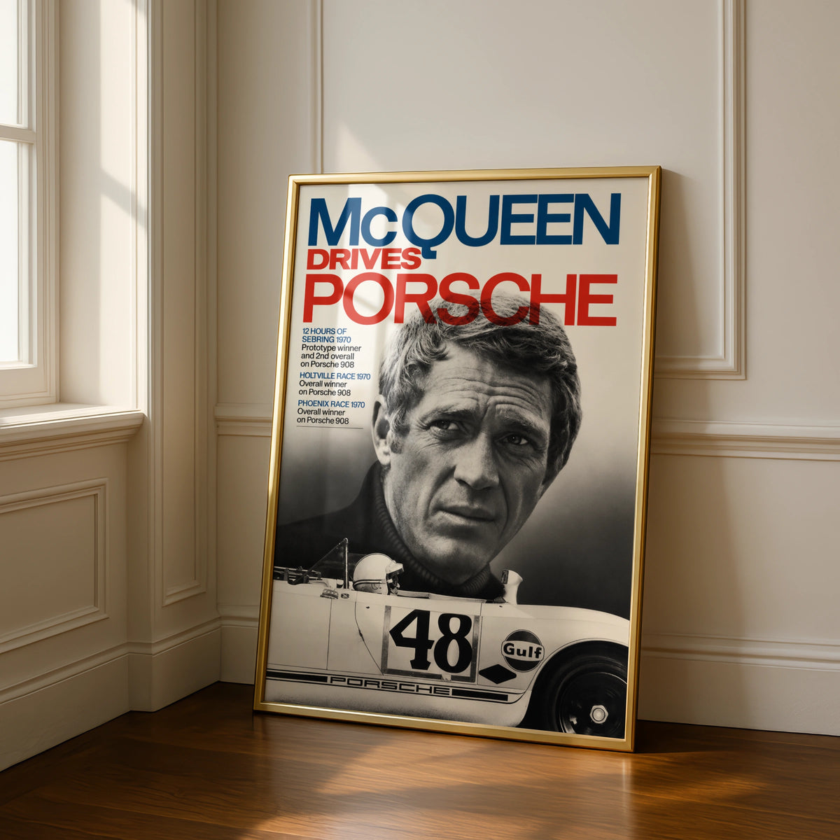 McQueen Drives Porsche Racing Poster, Steve McQueen Wall Art, Gulf 908 Print