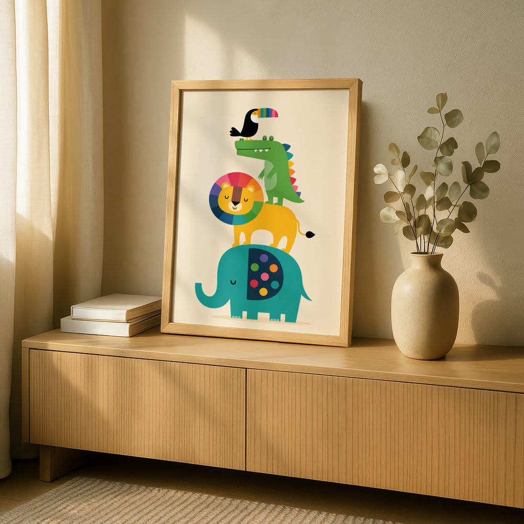 Stacked Animals Kids Poster, Colourful Nursery Wall Art, Lion Elephant Toucan Print