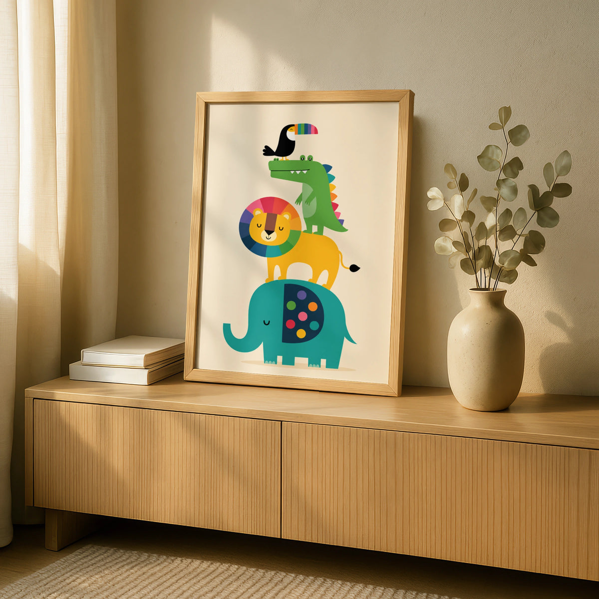 Stacked Animals Kids Poster, Colourful Nursery Wall Art, Lion Elephant Toucan Print