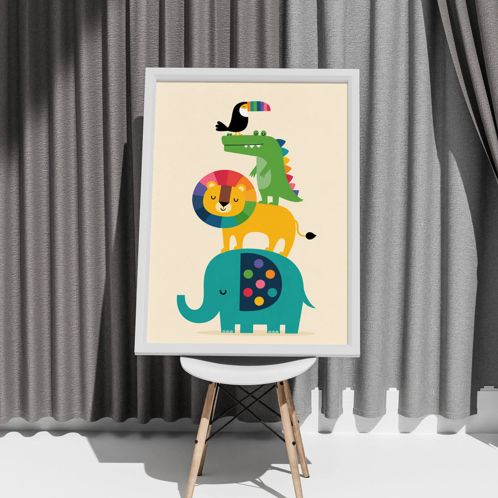 Stacked Animals Kids Poster, Colourful Nursery Wall Art, Lion Elephant Toucan Print